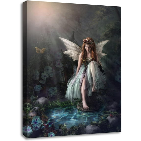 VELVET Fairy Room Decor Aesthetic Vintage Fairyland Wall Art Fairycore Bedroom Decor Cute Dorm Posters for Teen Girls Beautiful Blue Flower Fairy Art Prints Magical Forest Pictures 12x16inch Framed