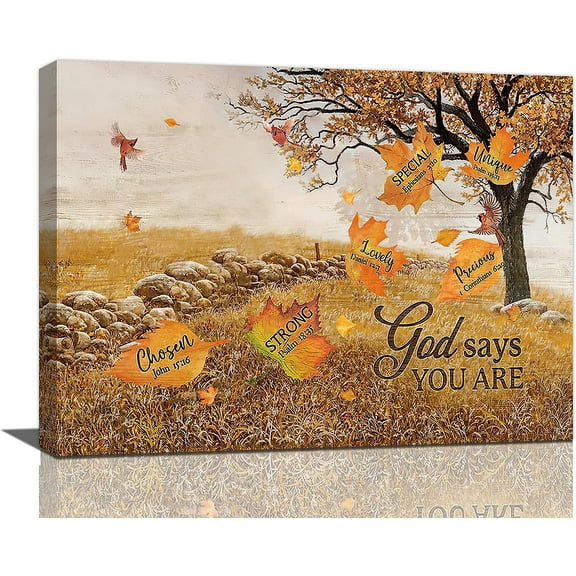 VELVET Fall Leaves Wall Decor Autumn Christian Religious Pictures Art Nature Tree Canvas Print God Says You Are Painting Modern Home Artwork Decorations For Bedroom Kitchen Office 10x8inch Framed