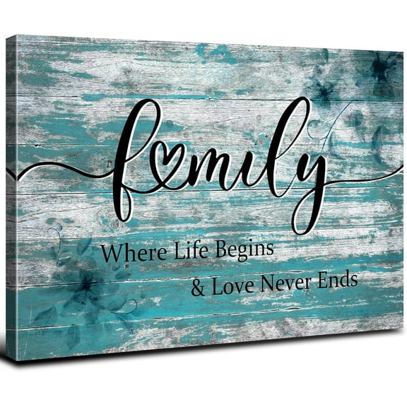 VELVET Family Sign Wall Decor Teal Wall Art Where Life Begins Love Never Ends Signs Poster Turquoise Picture Blessed Wall Decor Farmhouse Painting for Living Room Kitchen Decorations 24x20inch Framed