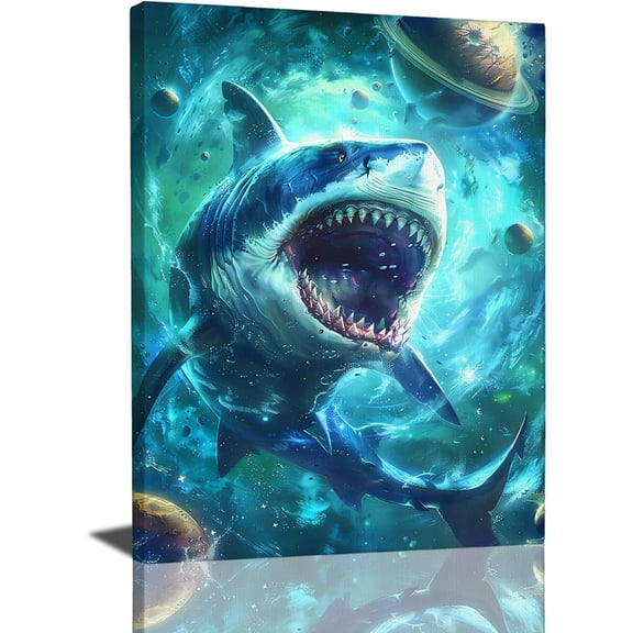 VELVET Fantasy Shark Decor Wall Art Shark Galaxy Poster, Animal Pictures for Wall Canvas Print Painting, Artwork for Bathroom, Bedroom, Living Room - 12x16inch Framed