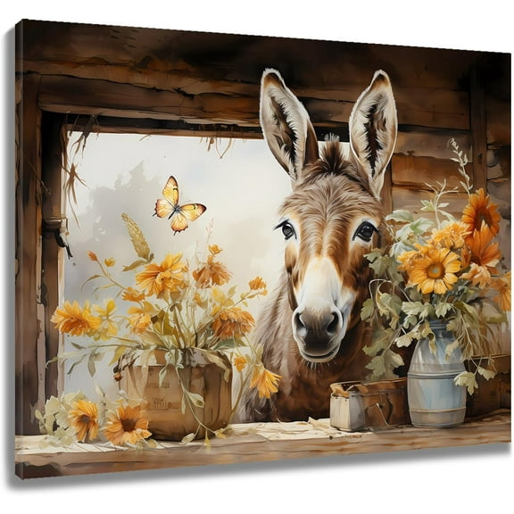 VELVET Farm Animal Canvas Wall Art Funny Donkey and Watercolor Wildflower with Butterfly Wall Art for Living Room Bathroom Bedroom Rustic Farmhouse Picture Wall Decor Wall Art, 24x16inch Framed