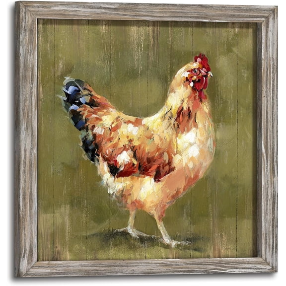 VELVET Farm Rustic Wall Art Decor: Farmhouse Chicken Wood Prints Vintage Country Animal Picture Artwork Hen Chickens Kitchen Painting for Home Living Room 24x16inch Framed