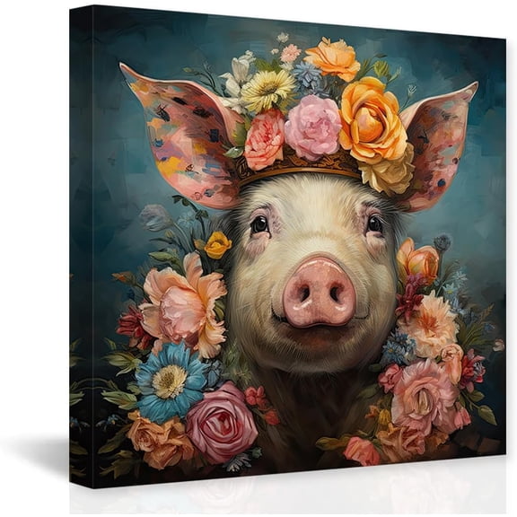 VELVET Farmhouse Animal Wall Decor Pig Canvas Wall Art Rustic Animals Painting Print Pig Head Wearing Wreath Picture Decor ( Pig 2) 24x20inch Framed