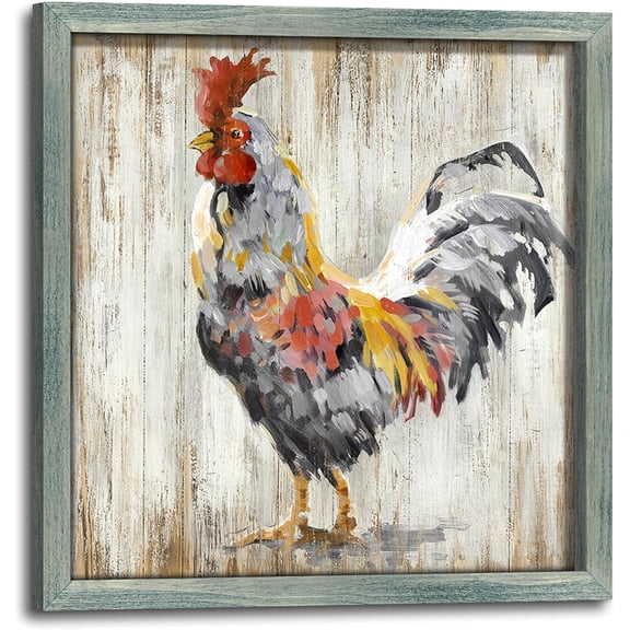 VELVET Farmhouse Animal Wood Wall Art: Rustic Rooster Print Picture Farm Chicken Artwork Vintage Country Kitchen Home Painting Decor for Bedroom Living Room 16x12inch Framed