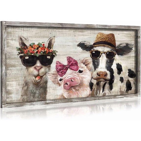 VELVET Farmhouse Animals Wooden Artwork: Farm Wall Art Picture Rustic Funny Pig Cow Alpaca with Gold Foil Sunglasses Pink Bow tie Retro Hat Floral Crown Country Print for Living Room 10x8inch Framed
