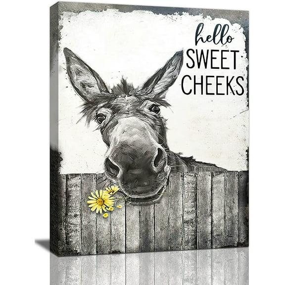 VELVET Farmhouse Bathroom Wall Art Donkey Poster Funny Donkey Pictures for Wall Rustic Canvas Print Black and White Painting Animal Wall Décor Country Vintage Artwork 12x18inch Framed