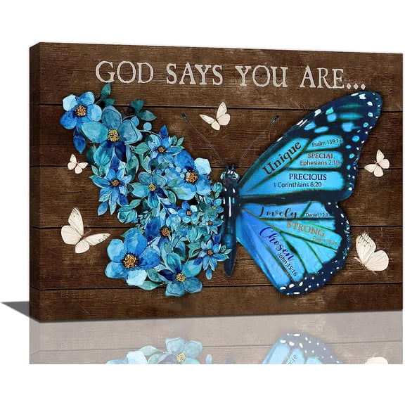 VELVET Farmhouse Blue Butterfly Flower Decor Wall Art Rustic Butterfly God Says You are Pictures Wall Decor Canvas Painting Prints Artwork Home Decorations for Bedroom Living Room 24x16inch Framed