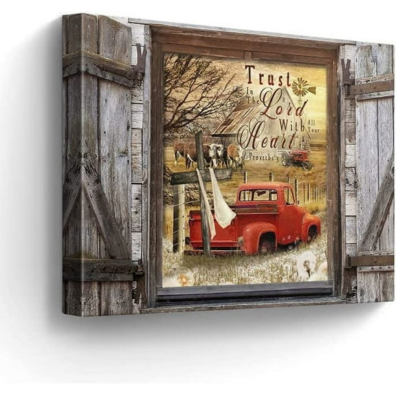 VELVET Farmhouse Canvas Wall Art Christian Christmas Red Truck and Old Barn Pictures Rustic Wall Decor Hereford Cow Painting for Bedroom Bathroom Living Room Prints Artwork 10x8inch Framed