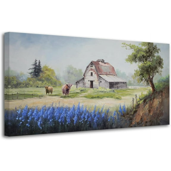 VELVET Farmhouse Canvas Wall Art Farm Highland Cow Landscape Picture Rustic Countryside Barn Painting Village Nature Artwork Large for Living Room Bedroom Home Office Wall Decor 14x11inch Framed