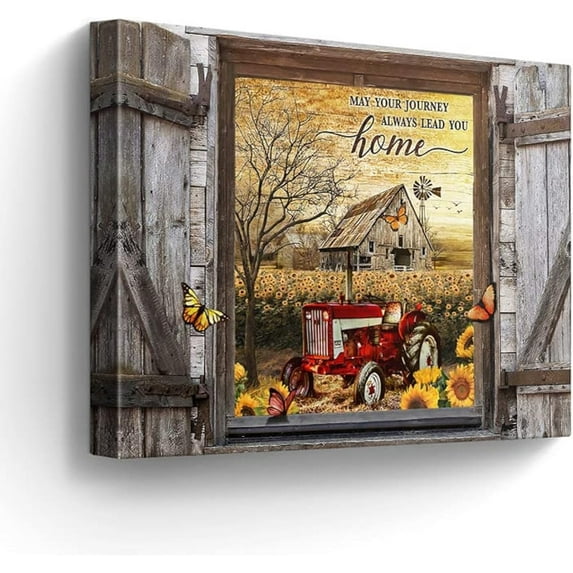 VELVET Farmhouse Canvas Wall Art Red Old Tractor Picture Kitchen Wall Decor Rustic Sunflowers Country Painting for Bedroom Bathroom Living Room Prints Artwork 24x20inch Framed