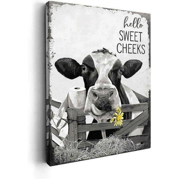 VELVET Farmhouse Cow Bathroom Decor Wall Art Funny Cow Farmhouse Bathroom Picture Black and White Animal Painting Rustic Wall Décor for Bathroom Toilet Washroom Artwork 12x18inch Framed