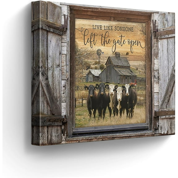 VELVET Farmhouse Cow Pictures Wall Decor Angus Cattle and Barn Country Wall Art for Bedroom Bathroom Living Room Fake Door Rustic Artwork 10x8inch Framed