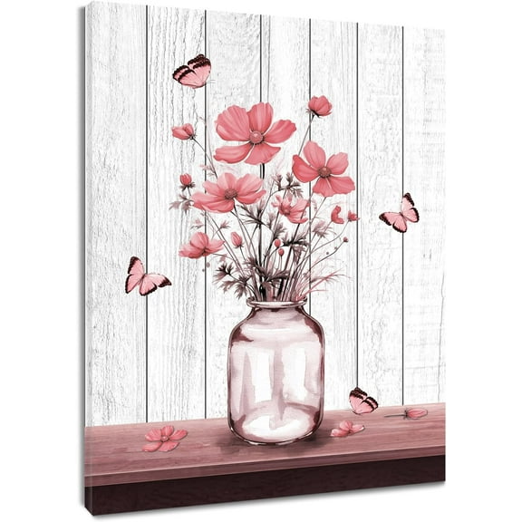 VELVET Farmhouse Pink Floral Wall Art for Living Room, Spring Wildflower Butterfly on Rustic Wood Canvas Wall Art Nature Plant Flower Pictures for Bedroom Bathroom Wall Decor, 12x18inch Framed