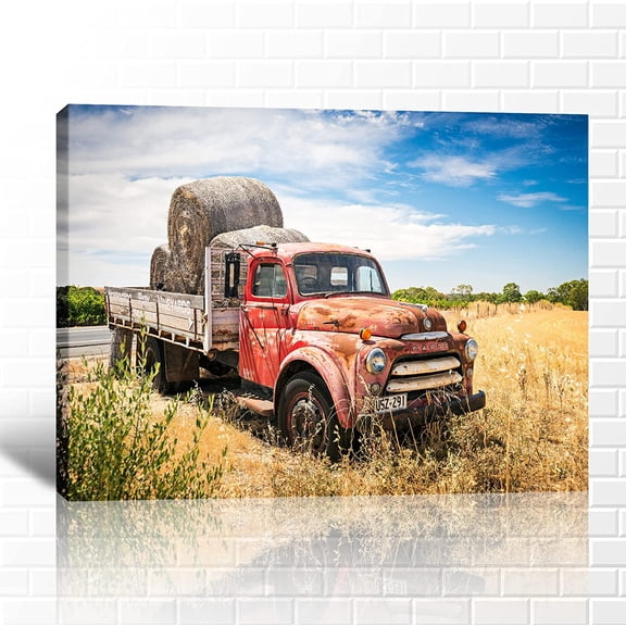 VELVET Farmhouse Truck Wall Art Old Canvas Prints, Barn Pictures for Rustic Home Decor, Vintage Window Red Painting, Car Posters Country Decor 20x16inch Framed