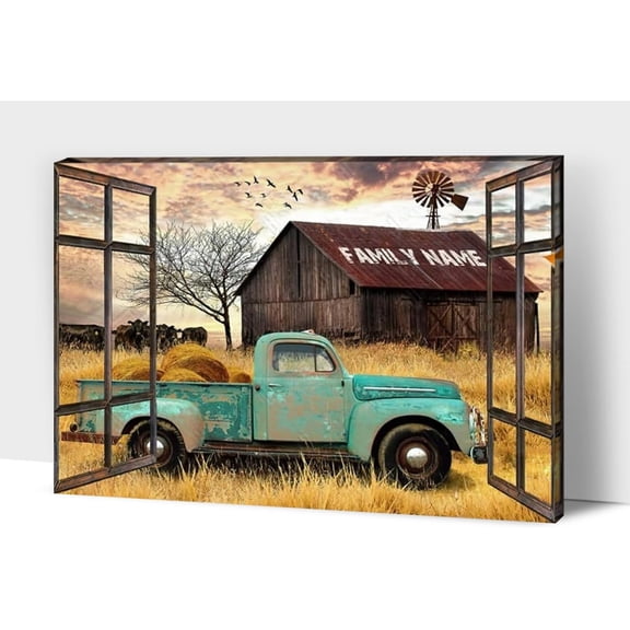 VELVET Farmhouse Truck Wall Art Old Truck Canvas Prints, Barn Pictures Wall Art for Rustic Home Decor, Rustic Landscape Canvas Painting, Window Posters Artwork for Country Wall Decor 10x8inch Framed