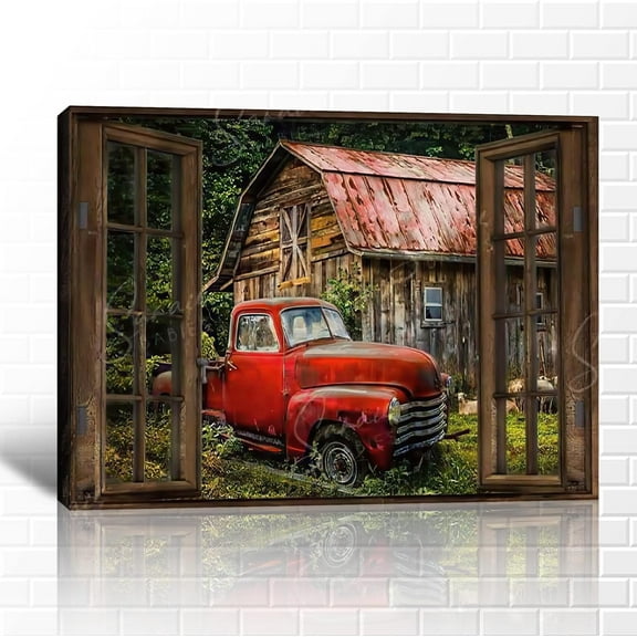 VELVET Farmhouse Truck Wall Art Old Truck Canvas Prints Barn Pictures Wall Art for Rustic Home Decor Vintage Window Red Truck Canvas Painting Car Posters Art for Country Wall Decor 18x12inch Framed