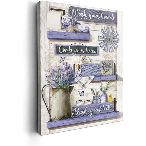 VELVET Farmhouse Wall Art Cute Bathroom Sign, Country Bathroom Pictures, Rustic Wall Canvas Print, Purple 11x14inch Framed