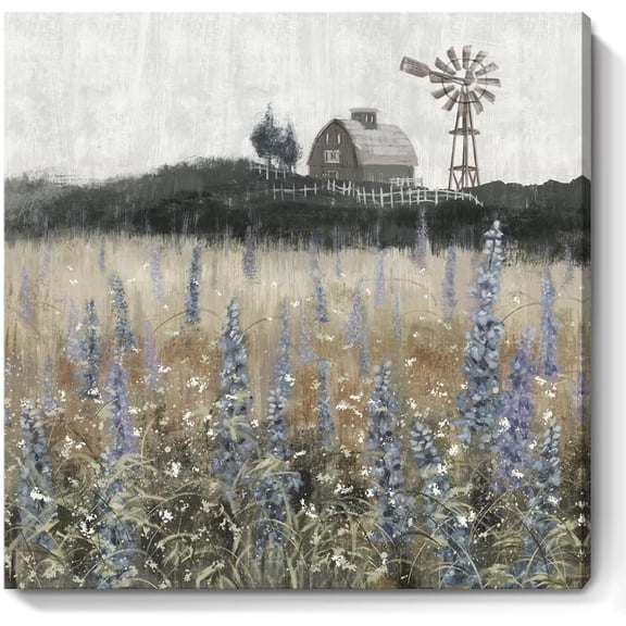 VELVET Farmhouse Wall Art for Living Room Classical Scenery Canvas Print Rustic Countryside Wildflower Field Landscape Nature Wilderness Meadow Picture Vintage Windmill Barn Painting 18x12inch Framed