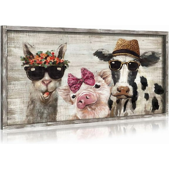 VELVET Farmhouse Wall Art Wooden Artwork: Farm Animals Picture Rustic Funny Pig Cow Alpaca with Gold Foil Sunglasses Pink Bow tie Retro Hat Floral Crown Country Print for Living Room 20x16inch Framed