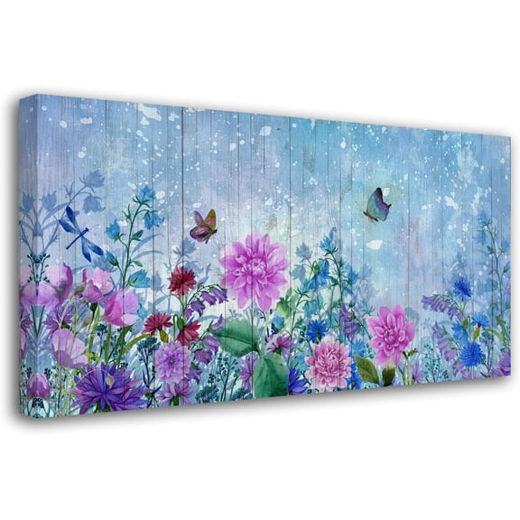 VELVET Floral Canvas Wall Art Purple Nature Flowers Butterfly Landscape Painting, Blue Botanical Picture Textured Artwork Large for Living Room Bedroom Bathroom Farm Office Home Decor 10x8inch Framed