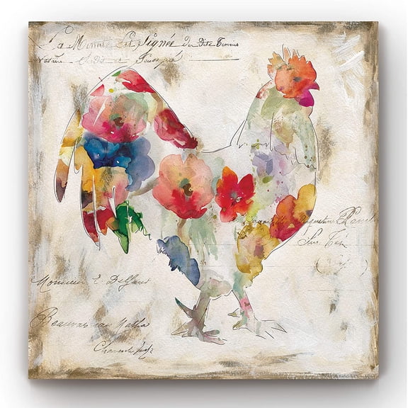 VELVET Flowered Rooster Wall Art, Chicken & Farm Artwork, Multicolored Flower Design, Ready to Hang, 16 H x 16 W, Made America Rooster Prints Modern Artwork on Stretched Canvas 18x12inch Framed