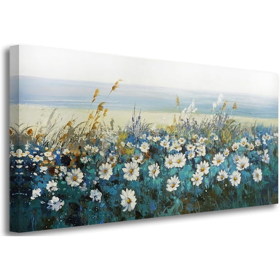 VELVET Flowers Wall Art Canvas White Daisy Floral Painting Blue Coastal Landscape Picture Modern Large Artwork for Living Room Bathroom Dinning Room Office Home Wall Decor Gifts, 16x12inch Framed