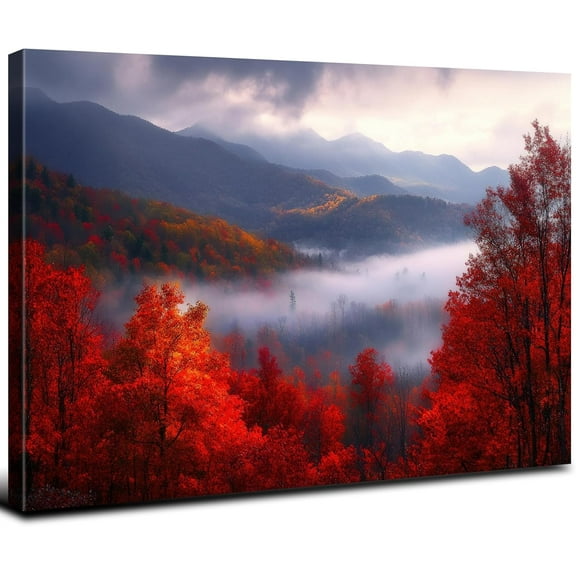 VELVET Foggy Forest Wall Art Nature Scenic Poster Great Smoky Mountain National Park Wall Decor Pictures Wilderness Painting Canvas Prints Modern Artwork for Living Room Decoration 20x16inch Framed