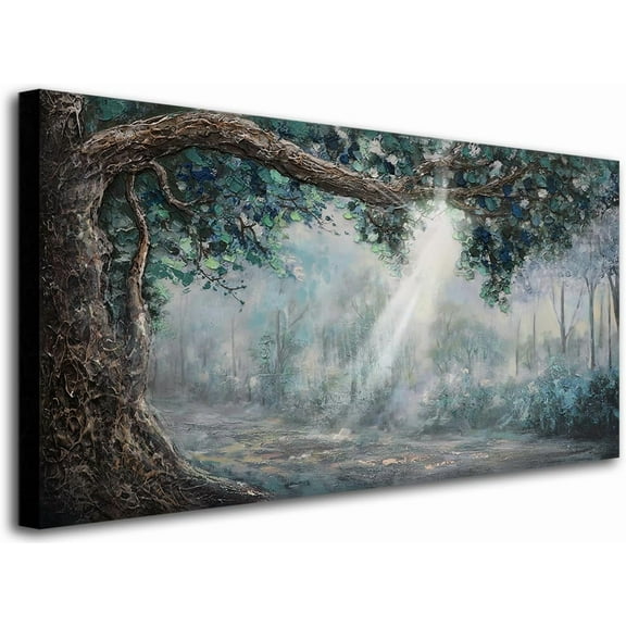 VELVET Forest Canvas Wall Art Nature Tree Landscape Panoramic Picture Modern Green Rustic Scenery Textured Painting Large Artwork for Living Room Bedroom Bathroom Office Home Decor 14x11inch Framed