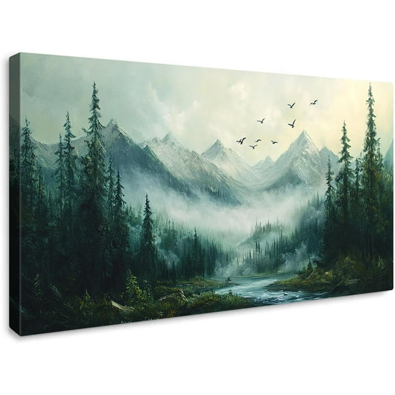VELVET Forest Landscape Canvas Wall Art Misty Mountain River Pine Tree Flying Robin Painting Prints Nature Artwork Modern Aesthetic Decor for Bedroom Living Room Office Wall Decorin 24x16inch Framed