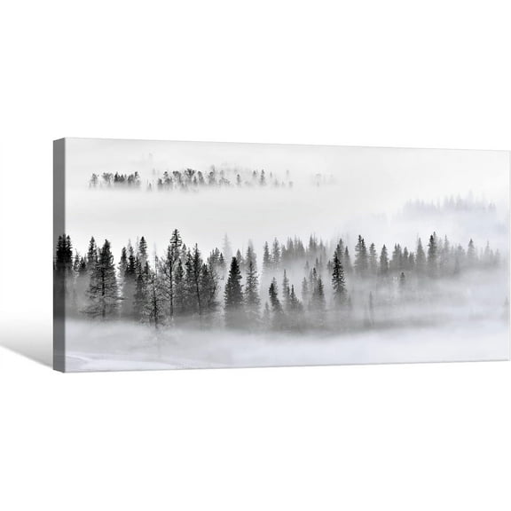 VELVET Forest Wall Art Black and White Misty Pine Trees Foggy Forest Picture Painting Nature Photography Artwork Print on Canvas Home Office Bedroom Décor 20x16inch Framed