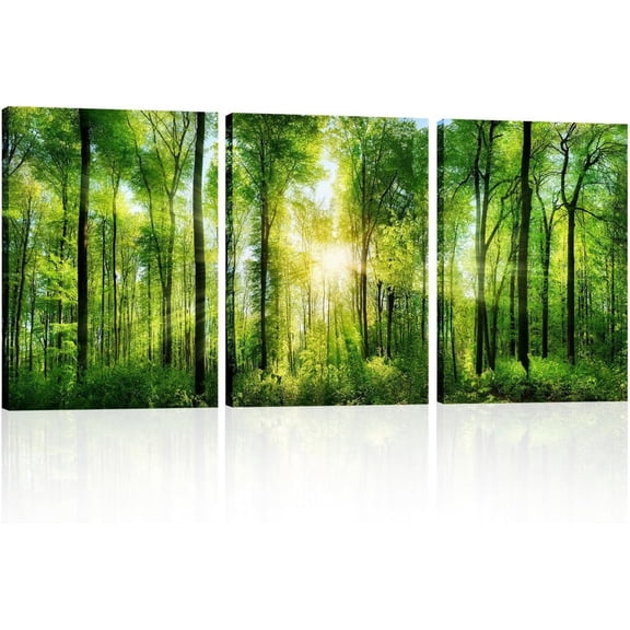 VELVET Forest Wall Art Landscape Painting: 3 Panel Green Tree Pictures Canvas Wall Art , Sunrise Prints Scenery Wall Art Hanging Wall Mural Nature Art Wall for Living Room Office 20x24inch Framed