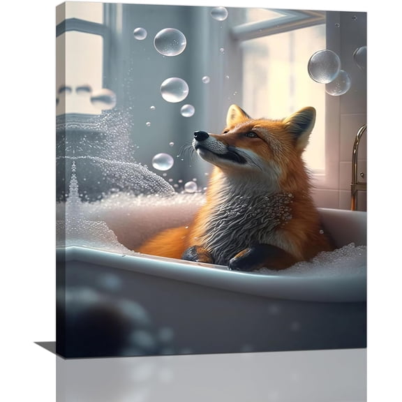 VELVET Fox Bathroom Wall Art Cute Fox Bathtub Pictures Wall Decor Wildlife Animal Canvas Print Painting Modern Home Decorations Artwork For Bathroom Restroom 11x14inch Framed