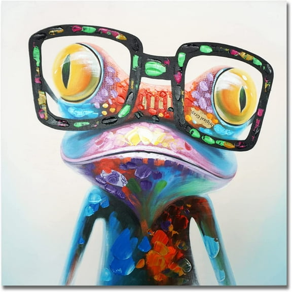VELVET Frog Canvas Wall Art Colorful Animal Painting Pictures Happy Frog with Glasses Oil Painting Modern Artwork for Bedroom Nursery Kids Room Office Wall Decor 18x12inch Framed