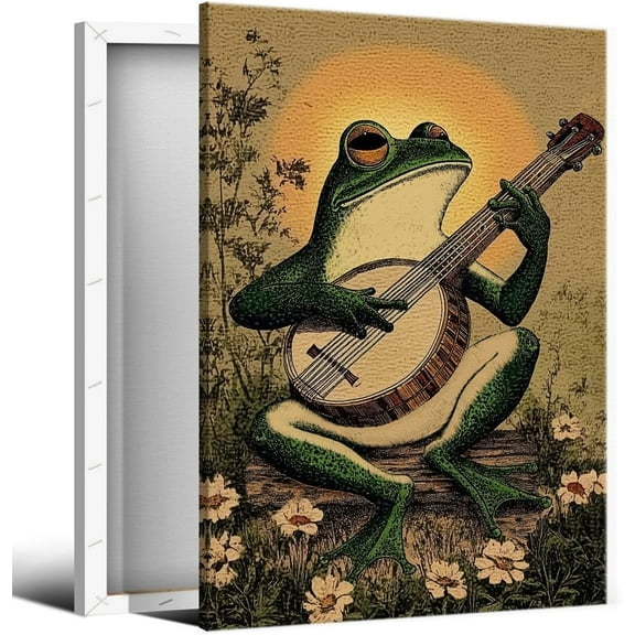 VELVET Frog Poster, Playg Banjo Frog Canvas Wall Art, Vtage Comics Frog Prt, Retro Cute Animal Picture for Wall, Boho Frog Banjo Patg for Livg Room Bedroom Wrapped Canvas 11x14inch Framed