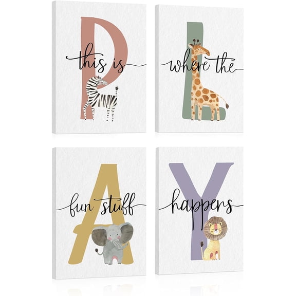 VELVET This is Where The Fun Stuff Happens Kids Playroom Wall Art:spirational Quotes Prints Posters Children Nursery Wall Decor,Safari Animal Picture Boho Classroom Decor(ch,Set of 4) 10x8inch Framed