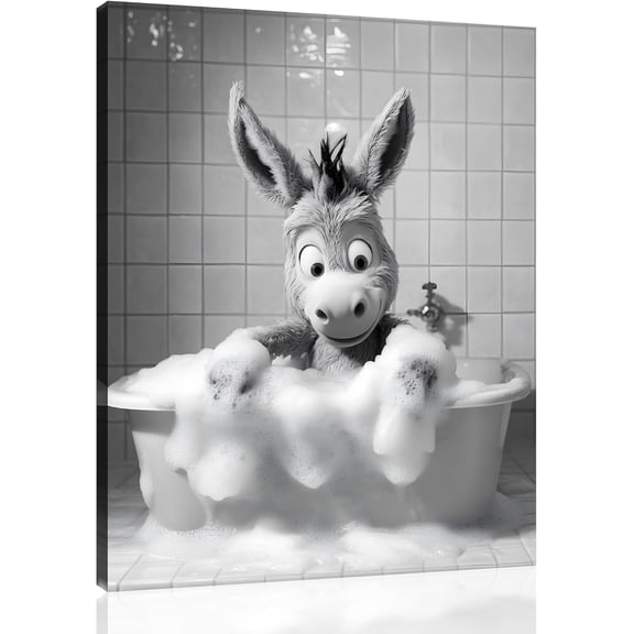 VELVET Funny Animal Bathroom Canvas Wall Art Black and White Animal Bathroom Pictures Donkey Bathroom Poster Donkey Animals Bathroom Painting for Bathroom Living Room Wall Decor 20x24inch Framed