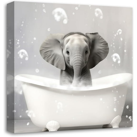 VELVET Funny Animal Bathroom Wall Art Cute Elephant Bathtub with Bubbles Canvas Prints Posters Toilet Pictures for Baby Room Decor (Bathroom-4,) 14x11inch Framed