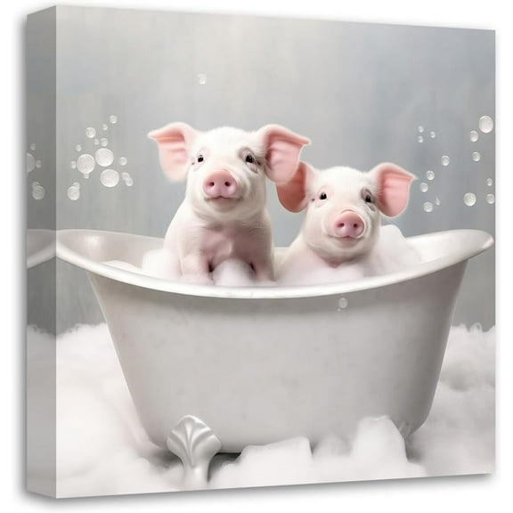 VELVET Funny Animal Bathroom Wall Art Cute Pig Bathtub with Bubbles Canvas Prints Posters Toilet Pictures for Baby Room Decor (Bathroom-1,) 18x12inch Framed