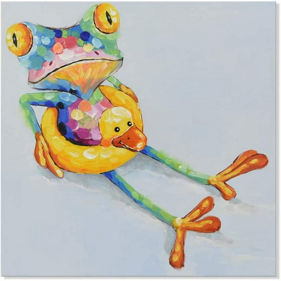 VELVET Funny Animal Wall Art Handpainted Colorful Cute Frog with Duck Swim Ring Canvas Painting Frog Pictures Wall Decor for Kidroom Baby Room Bedroom Ready to Hang 24x16inch Framed