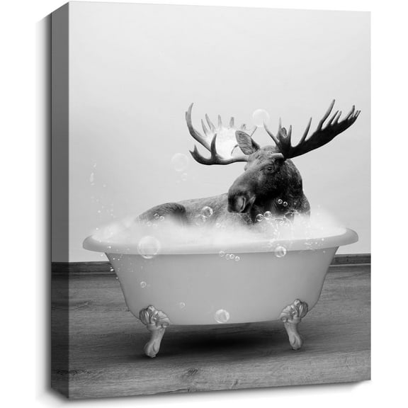 VELVET Funny Animal Wall Decor Black & White Elk Picture Wall Art Forest Moose Bathtub Canvas Print Posters Modern Bathroom Artwork -es 11x14inch Framed