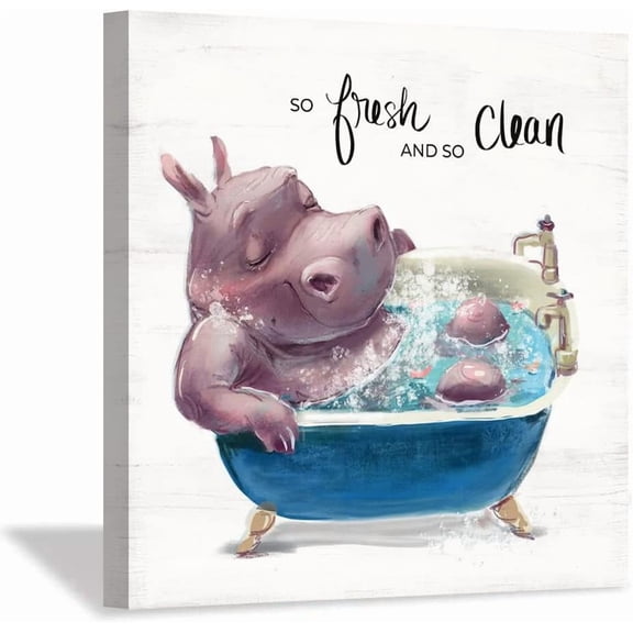 VELVET - Funny Bathroom Decor Cartoon Bath Hippo Wall Art Prt Blue Men's Bathroom Artwork Kids So Fresh and So Clean Prt Stretched Canvas Decor (Hippo) 16x12inch Framed