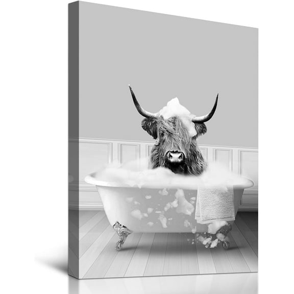 VELVET Funny Bathroom Decor Wall Art Highland Cow Take Bath Bathtub Canvas Prints Pictures Posters Modern Artwork for Bathroom Home Walls Decoration Gifts Ready to Hang, 16x24inch Framed