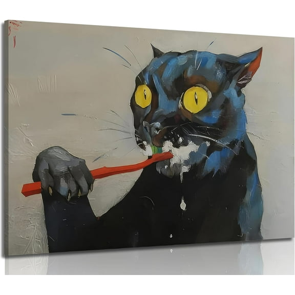 VELVET Funny Black Cat Brushing Teeth Canvas Wall Art Vintage Cat Painting Pictures Eclectic Bathroom Animal Poster Prints for Toilet Scene Home Decoration 24x16inch Framed