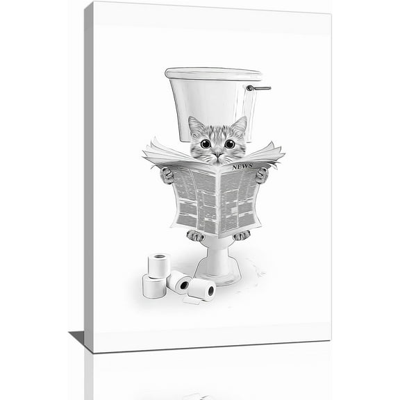 VELVET Funny Cat Bathroom Wall Art Black and White Cat Pictures Wall Decor Animal Bathroom Canvas Painting Modern Artwork Home Decorations Ready to Hang 16x20inch Framed