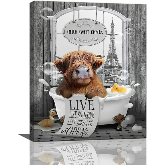 VELVET Funny Highland Cow Bathroom Wall Art Cow Bathtub Pictures Wall Decor Hello Sweet Canvas Painting Modern Artwork Bathroom Decorations Ready to Hang 11x14inch Framed