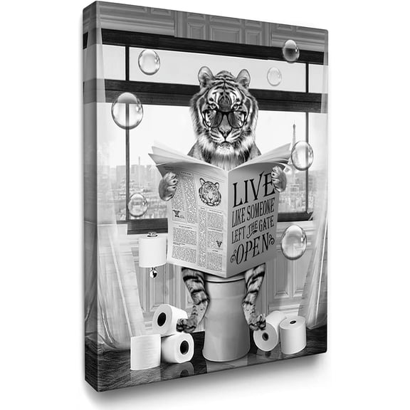 VELVET Funny Tiger Canvas Wall Art - Cute Tiger Sittg Toilet Readg Newspaper - Black and White - Poster for Bathroom Decor - 16x24inch Framed