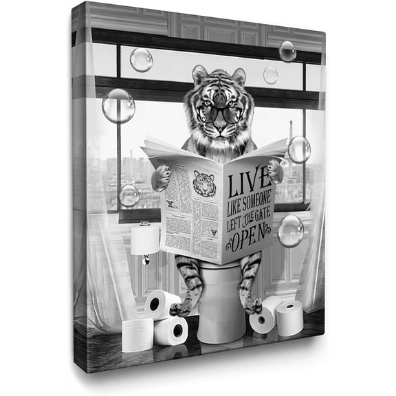 VELVET Funny Tiger Wall Art - Cute Tiger Sittg Toilet Readg Newspaper - Black and White Poster for Bathroom Decor - 11x14inch Framed