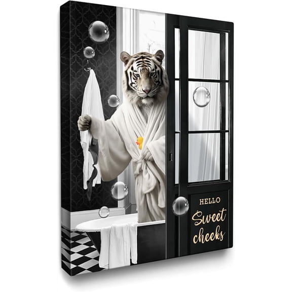 VELVET Funny Tiger Wall Art - Cute Tigers Bathtub Patg, Black and White, Poster for Bathroom/Toilet Decoration, 8x10inch Unframed
