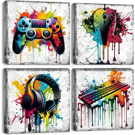 VELVET Game Wall Decor Gaming Art Graffiti Gamepad Headphones Canvas Pictures Gamer Room for Boys Street Pop Dorm Playroom Cave Teen Men Cool Video Painting Modern Artwork 4 Pcs 10x8inch Framed