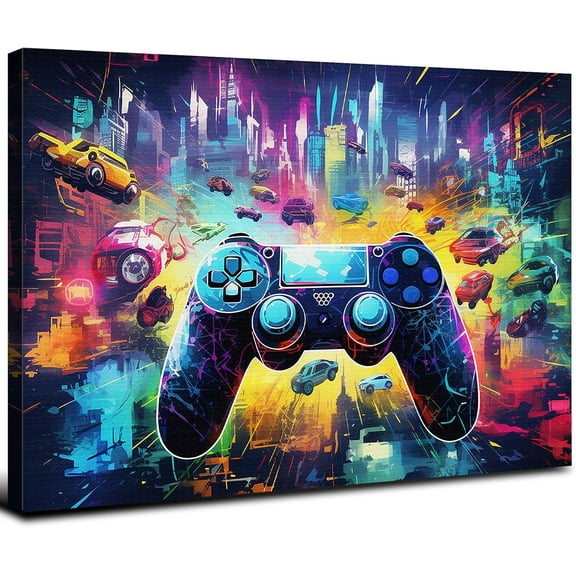 VELVET Gaming Graffiti Canvas Wall Art Gamepad Poster Gaming Room Decor for Boys Room Playroom Decor Gamer Wall Decor Abstract Poster with Car Building Painting House Decorations 10x8inch Framed